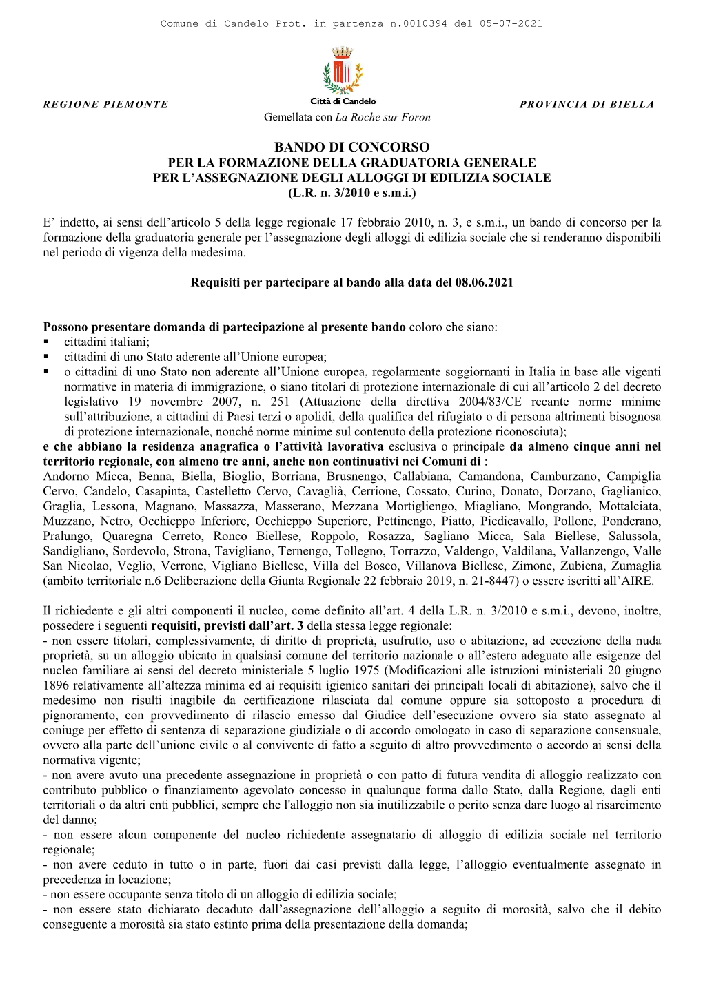 Bando Di Concorso Per La Formazione Della Graduatoria Generale Per L’Assegnazione Degli Alloggi Di Edilizia Sociale (L.R