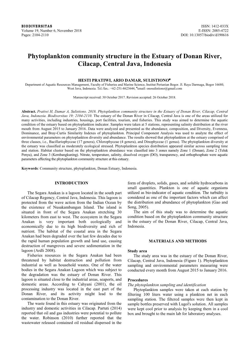 Phytoplankton Community Structure in the Estuary of Donan River, Cilacap, Central Java, Indonesia