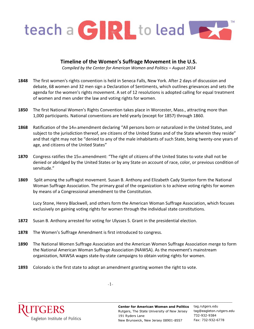 Timeline of the Women's Suffrage Movement in the U.S