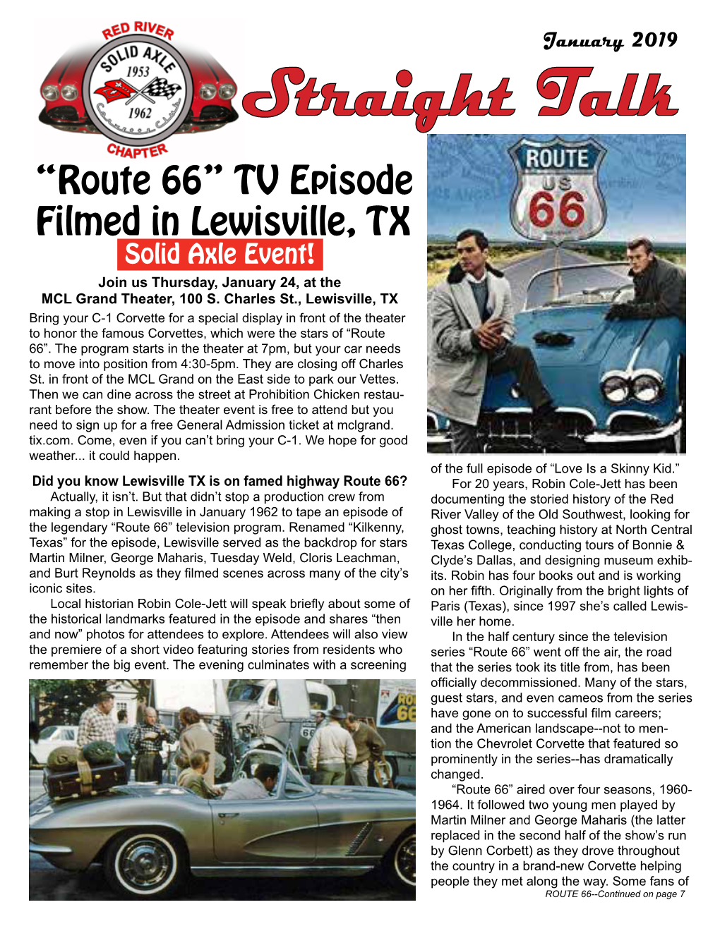 “Route 66” TV Episode Filmed in Lewisville, TX Solid Axle Event! Join Us Thursday, January 24, at the MCL Grand Theater, 100 S