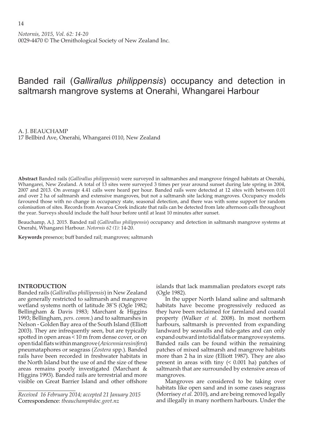 Banded Rail (Gallirallus Philippensis) Occupancy and Detection in Saltmarsh Mangrove Systems at Onerahi, Whangarei Harbour