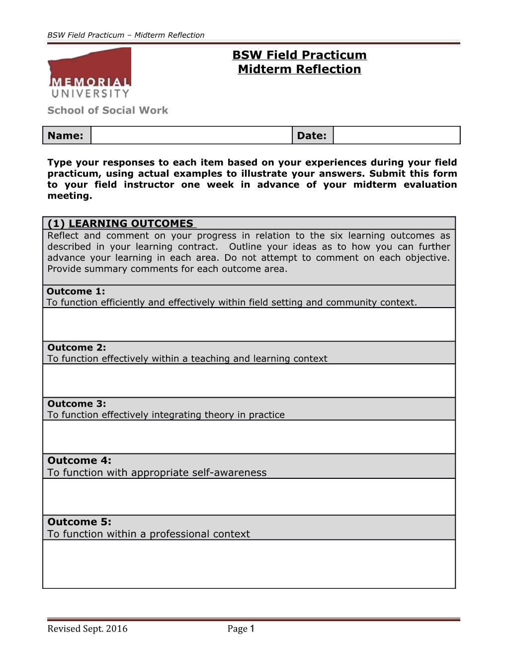 Student Self-Evaluation of Field Placement at Mid-Term