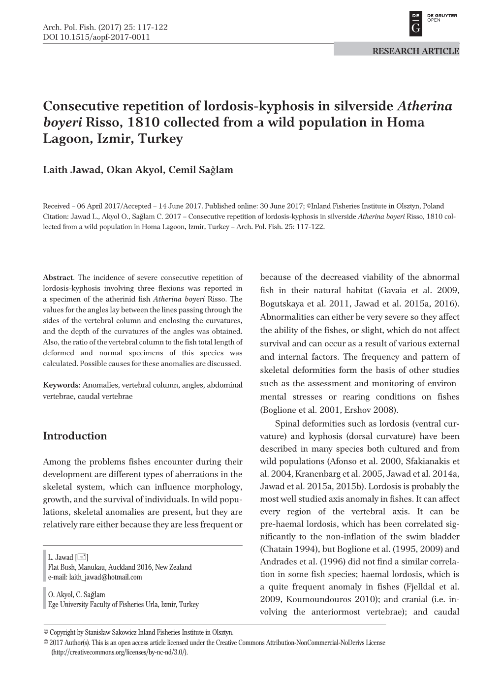 Consecutive Repetition of Lordosis-Kyphosis in Silverside Atherina Boyeri Risso, 1810 Collected from a Wild Population in Homa Lagoon, Izmir, Turkey