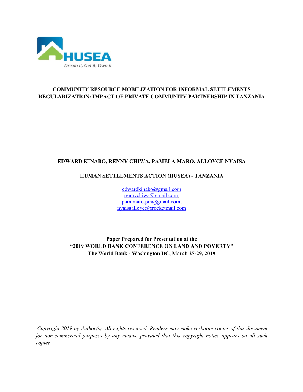 Community Resource Mobilization for Informal Settlements Regularization: Impact of Private Community Partnership in Tanzania