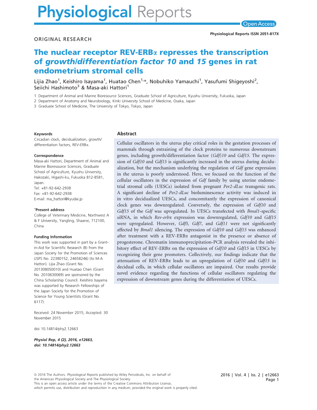 The Nuclear Receptor REVERB Represses the Transcription of Growthdifferentiation Factor 10 and 15 Genes in Rat Endometrium Strom