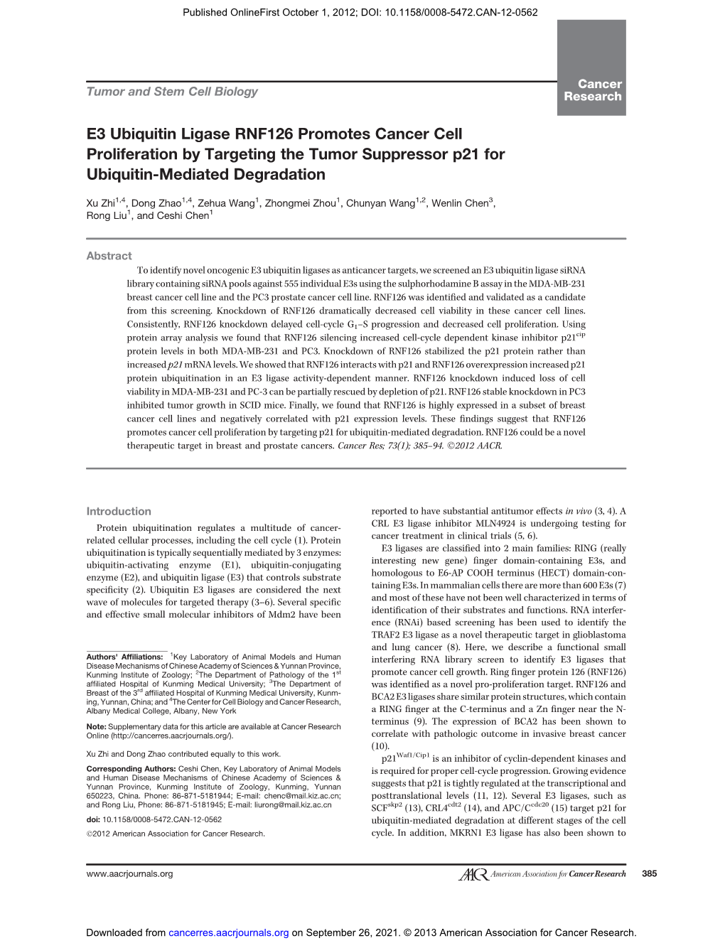 E3 Ubiquitin Ligase RNF126 Promotes Cancer Cell Proliferation by Targeting the Tumor Suppressor P21 for Ubiquitin-Mediated Degradation