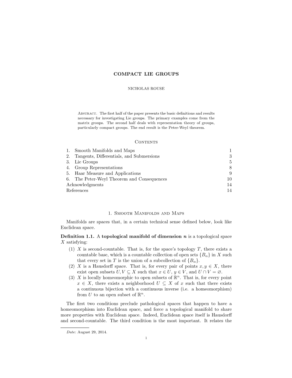 COMPACT LIE GROUPS Contents 1. Smooth Manifolds and Maps 1 2