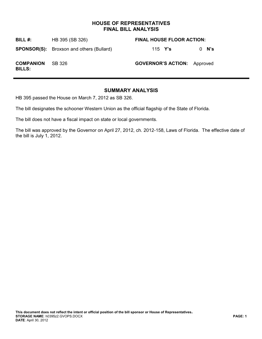 House of Representatives Final Bill Analysis Summary Analysis