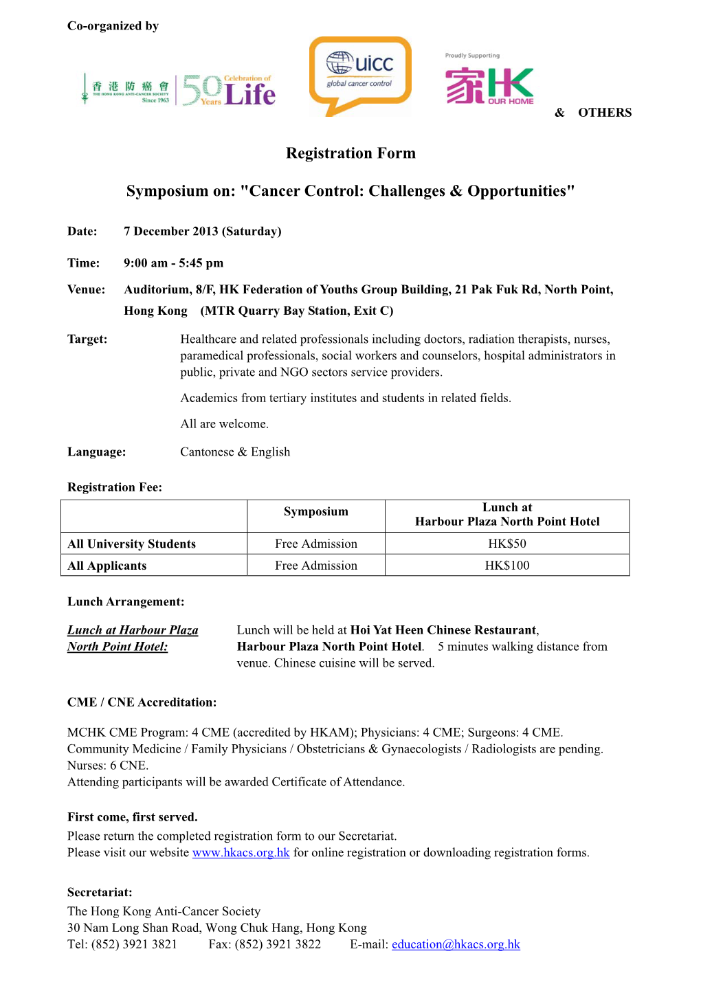 Registration Form Symposium On: "Cancer Control: Challenges