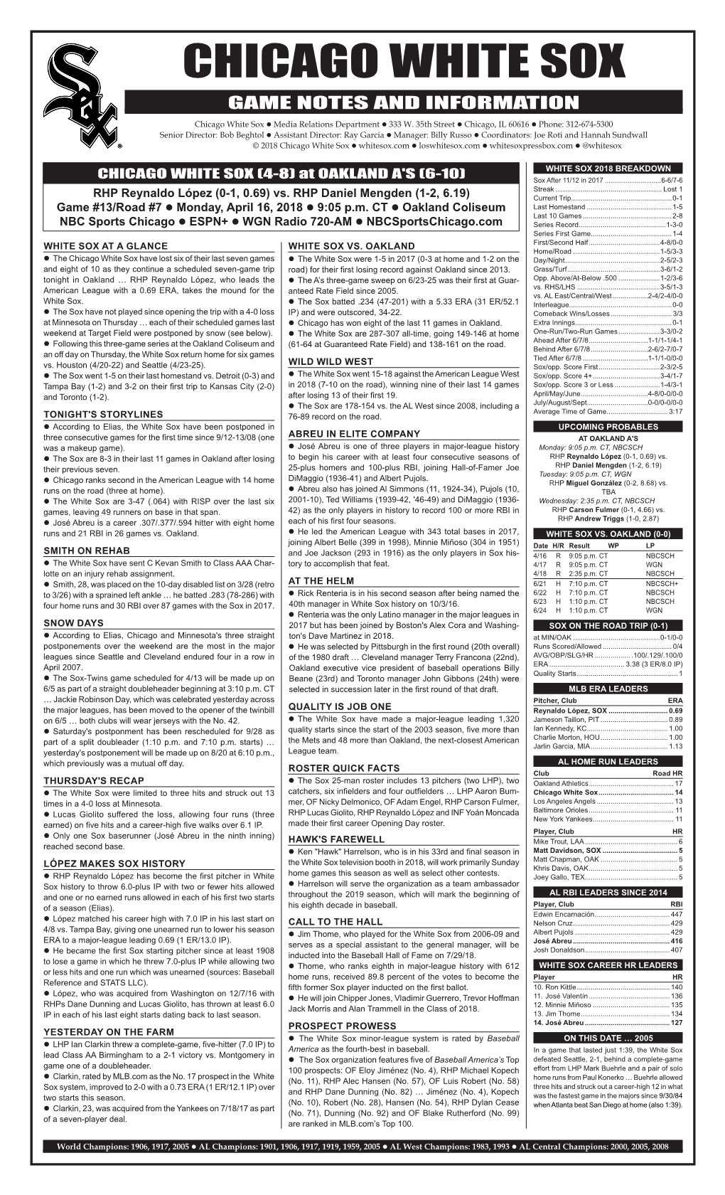CHICAGO WHITE SOX GAME NOTES and INFORMATION Chicago White Sox  Media Relations Department  333 W