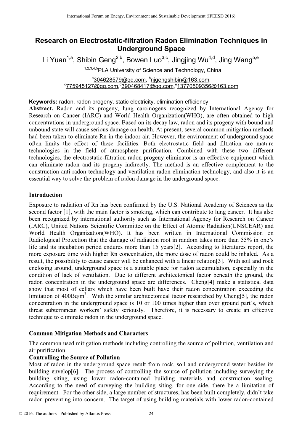 Research on Electrostatic-Filtration Radon Elimination Techniques In