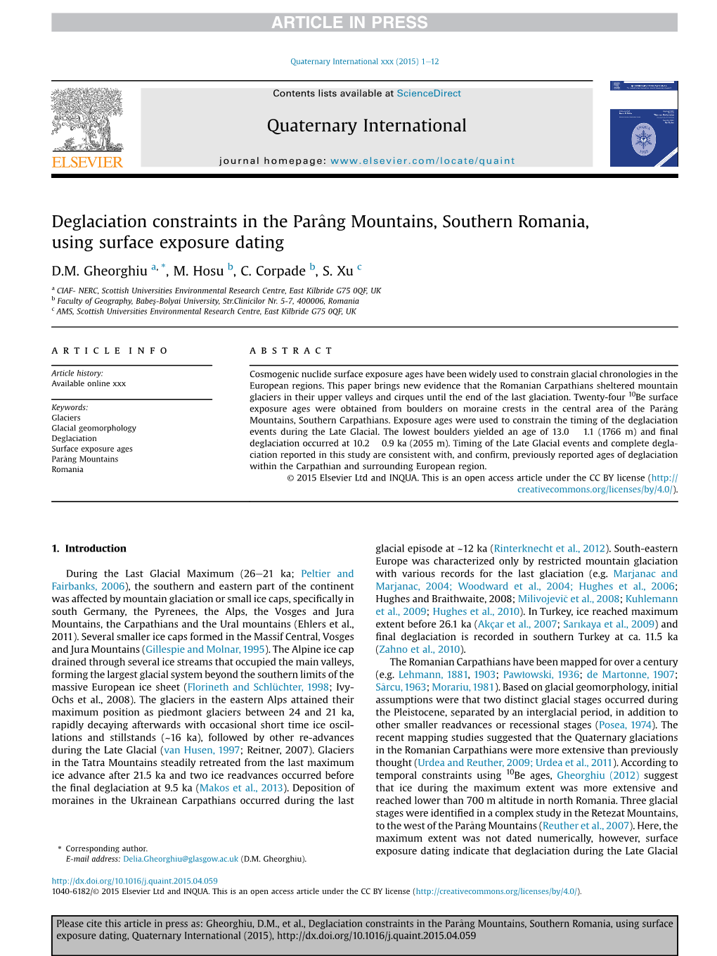 Deglaciation Constraints in the Parang Mountains, Southern Romania