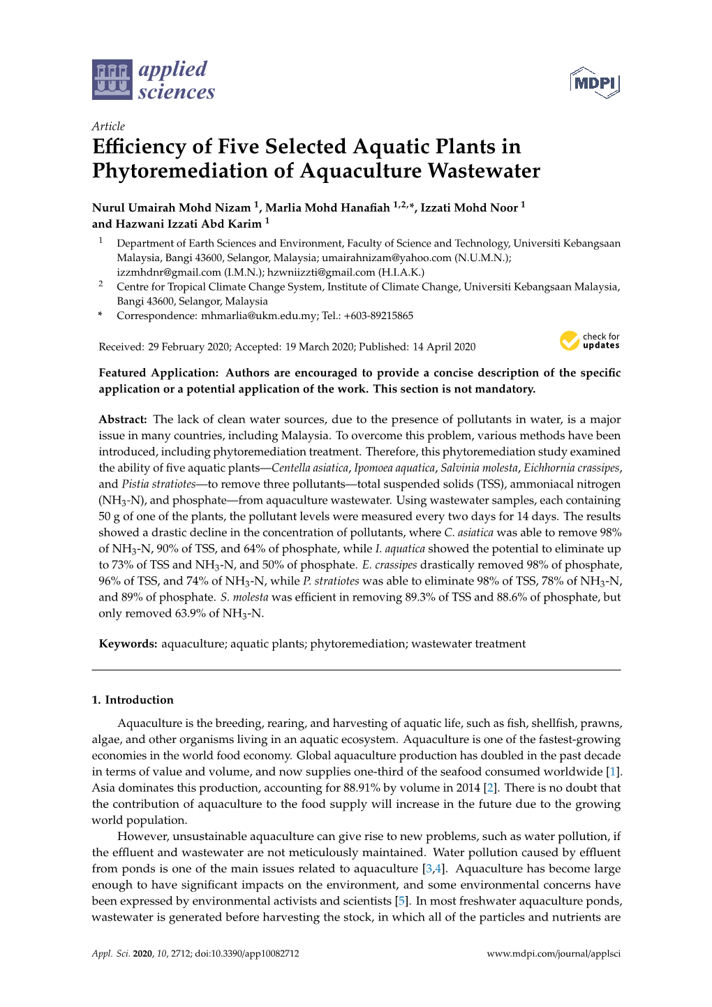 Efficiency of Five Selected Aquatic Plants in Phytoremediation