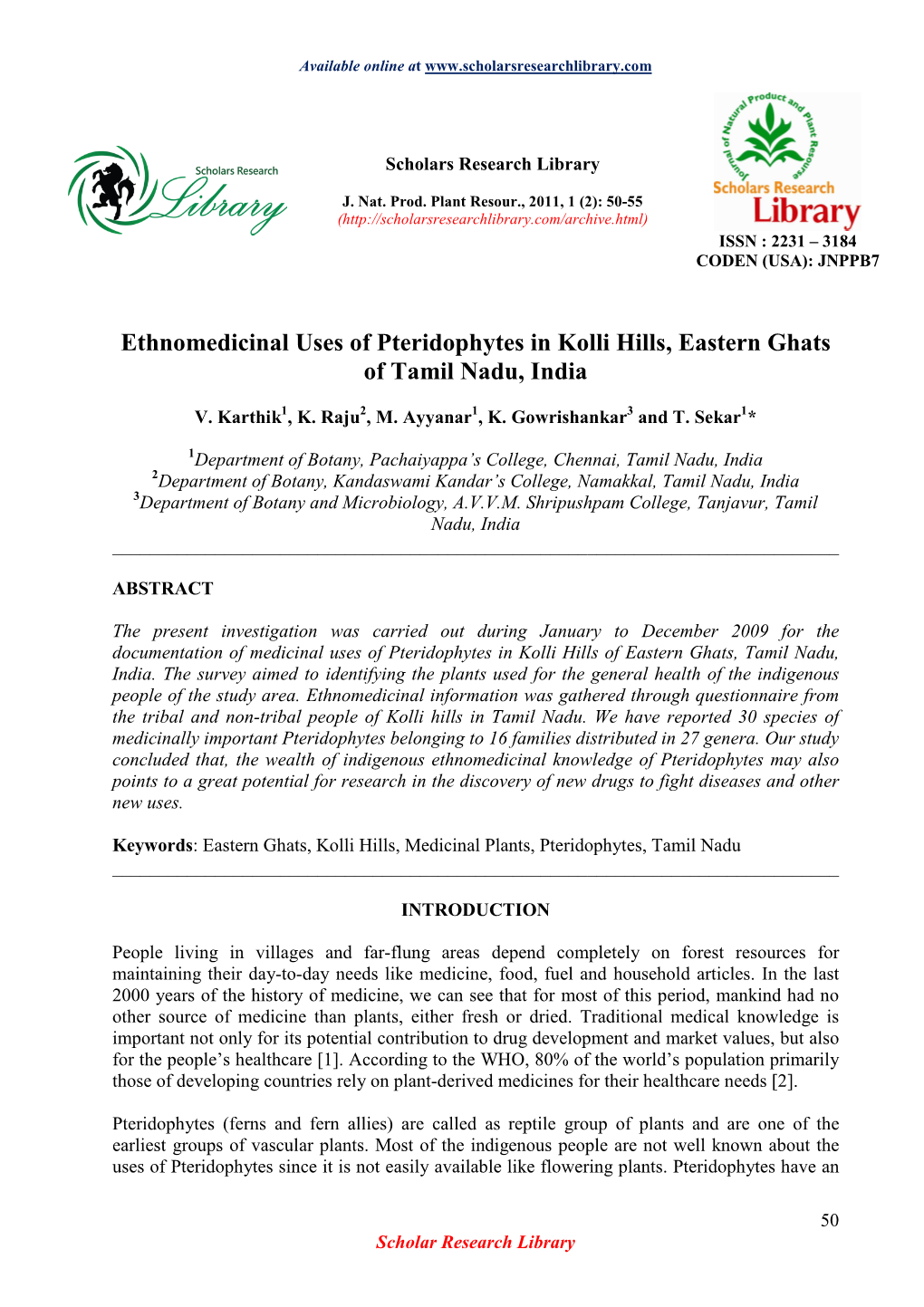 Ethnomedicinal Uses of Pteridophytes in Kolli Hills, Eastern Ghats of Tamil Nadu, India