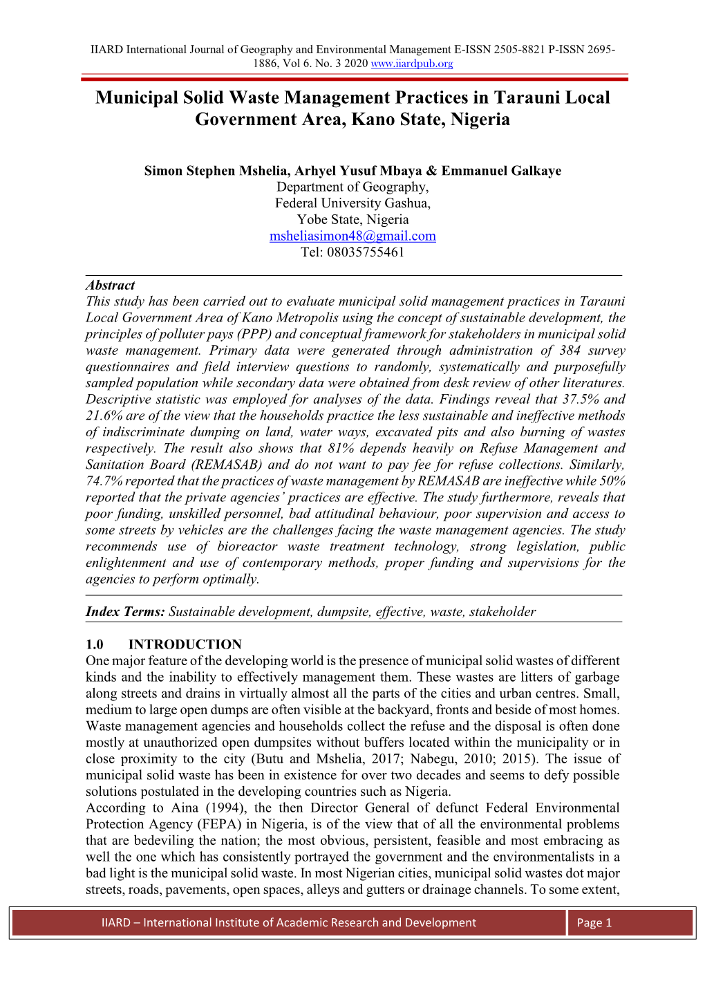 Municipal Solid Waste Management Practices in Tarauni Local Government Area, Kano State, Nigeria