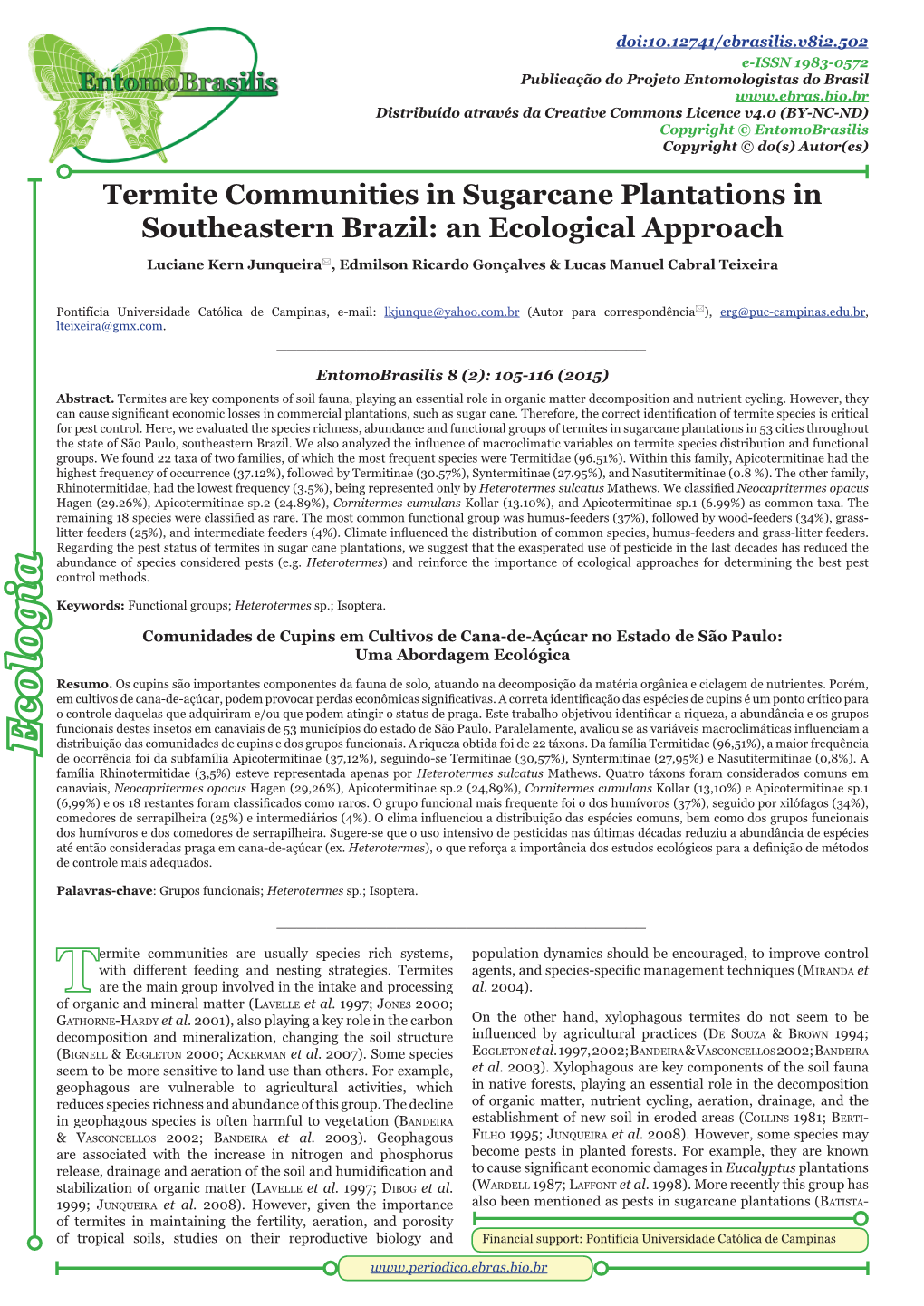 Termite Communities in Sugarcane Plantations in Southeastern Brazil