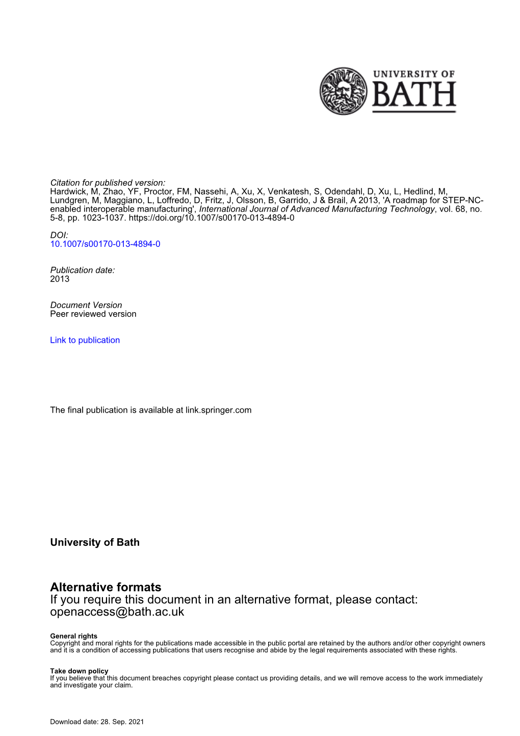 Alternative Formats If You Require This Document in an Alternative Format, Please Contact: Openaccess@Bath.Ac.Uk