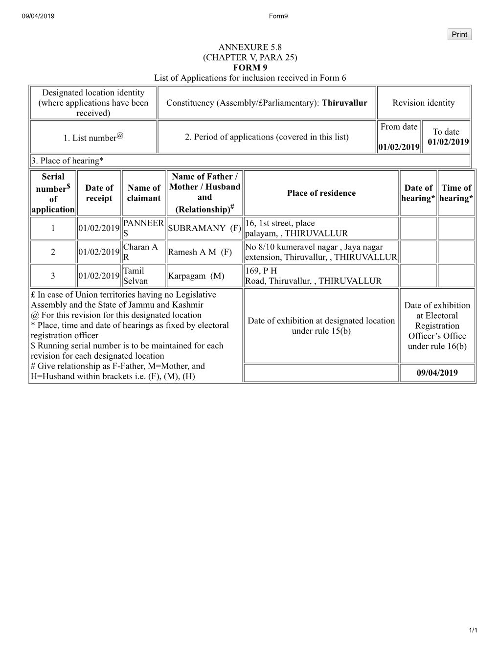 ANNEXURE 5.8 (CHAPTER V, PARA 25) FORM 9 List of Applications For