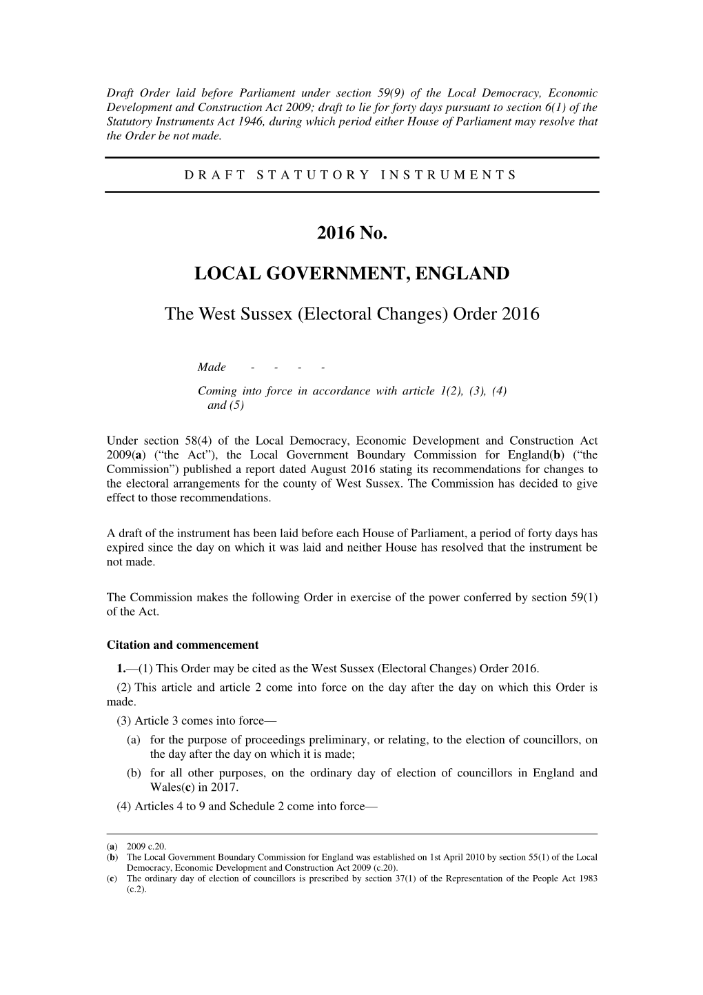 The West Sussex (Electoral Changes) Order 2016