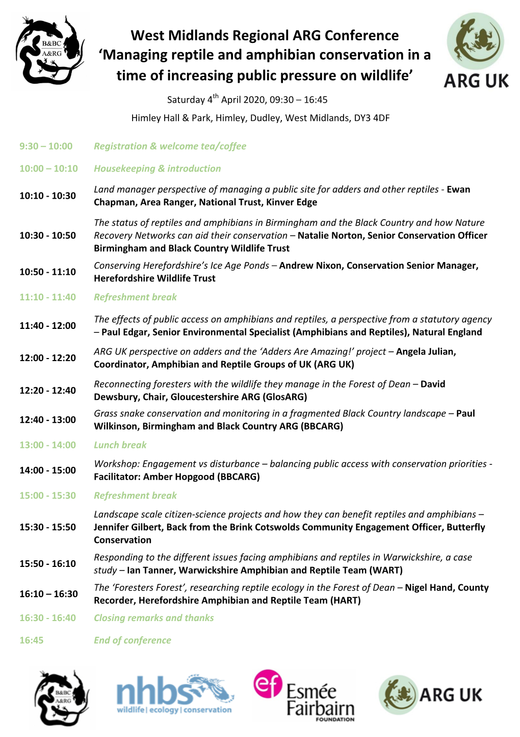 West Midlands Regional ARG Conference ‘Managing Reptile and Amphibian Conservation in a Time of Increasing Public Pressure on Wildlife’