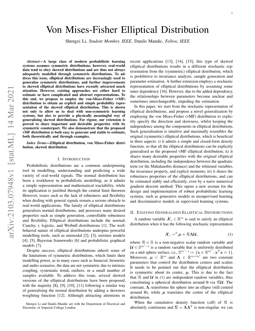 Von Mises-Fisher Elliptical Distribution Shengxi Li, Student Member, IEEE, Danilo Mandic, Fellow, IEEE