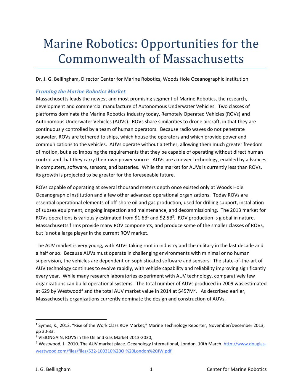 Marine Robotics: Opportunities for the Commonwealth of Massachusetts