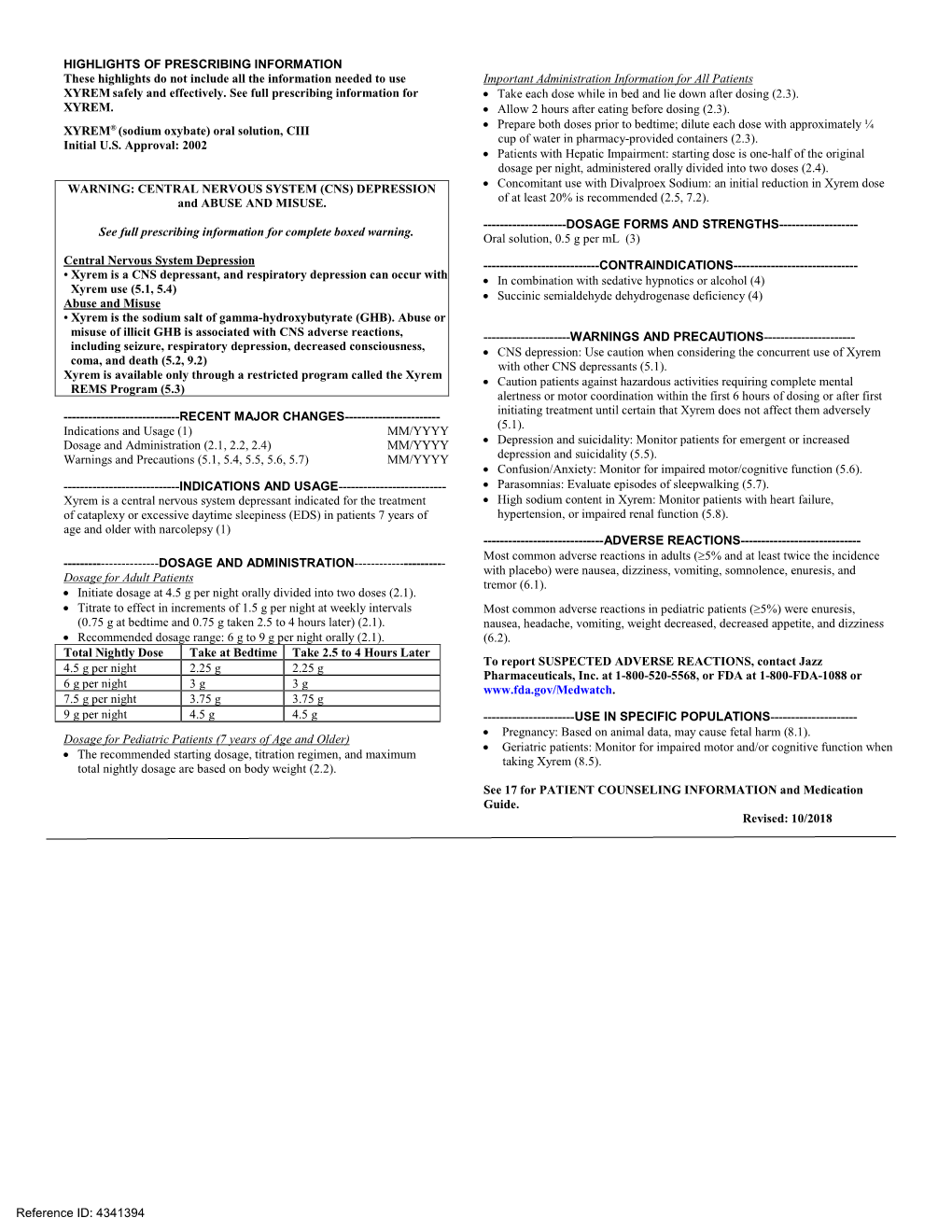 Xyrem (Sodium Oxybate) Is a CNS Depressant