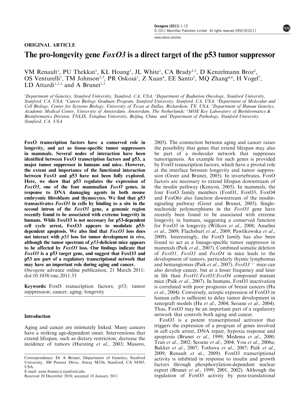 The Pro-Longevity Gene Foxo3 Is a Direct Target of the P53 Tumor Suppressor