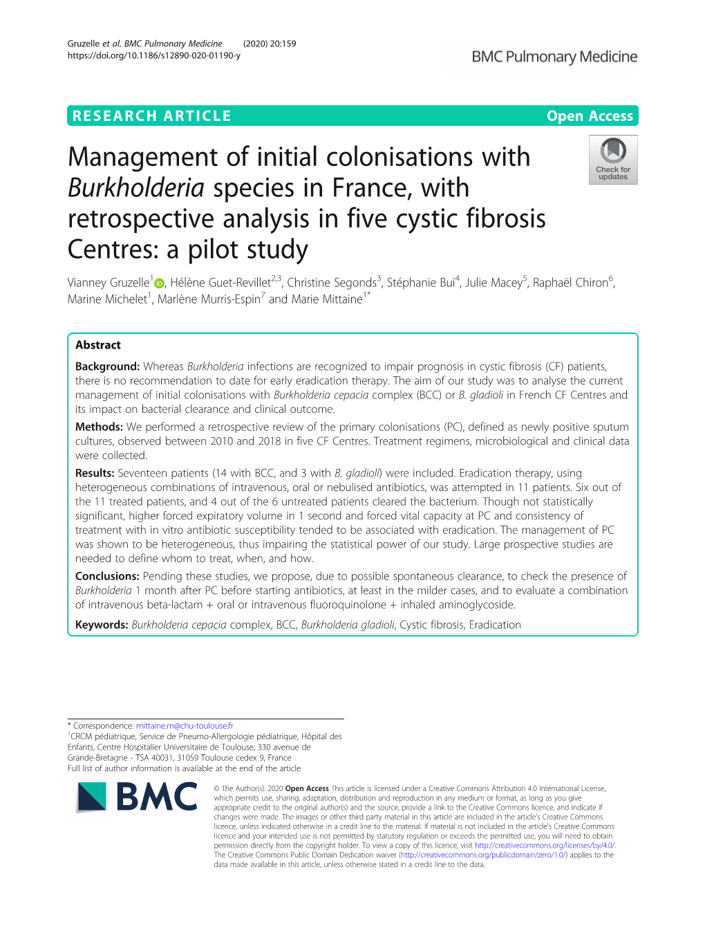 Management of Initial Colonisations with Burkholderia Species in France