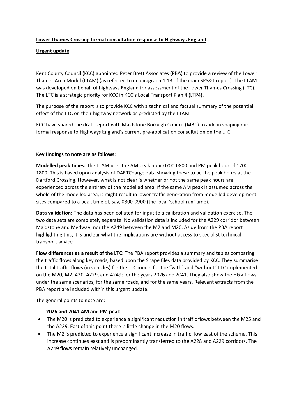 Lower Thames Crossing Formal Consultation Response to Highways England