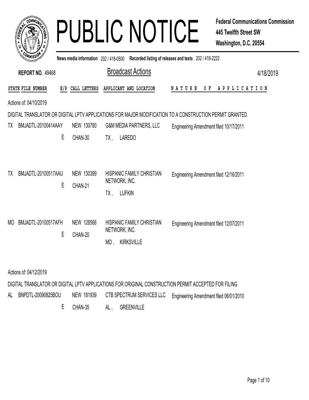 Broadcast Actions 4/18/2019