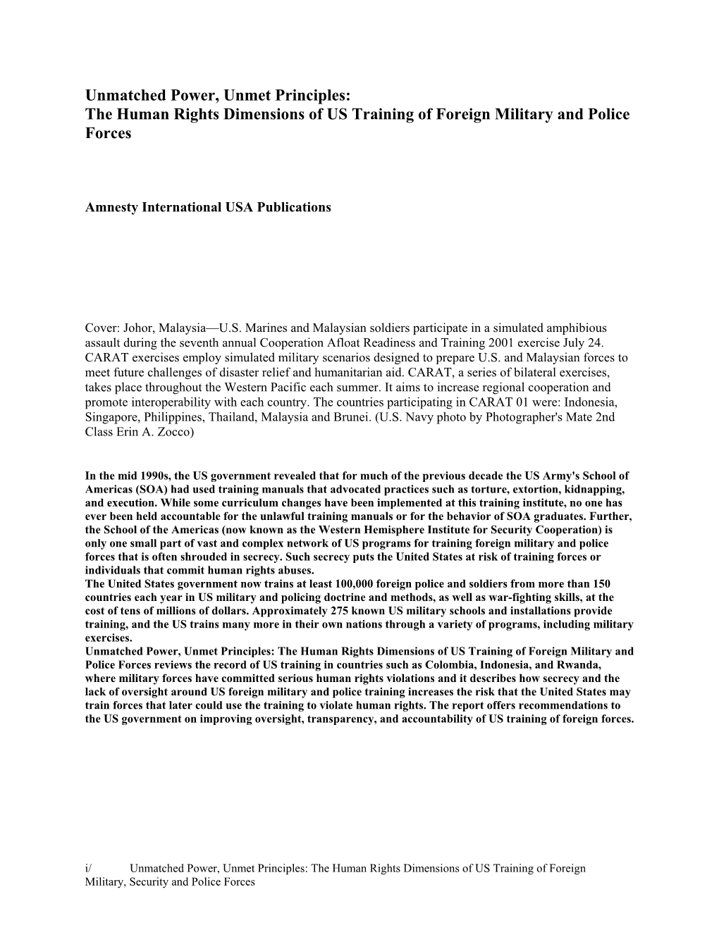 Unmatched Power, Unmet Principles: the Human Rights Dimensions of US Training of Foreign Military and Police Forces