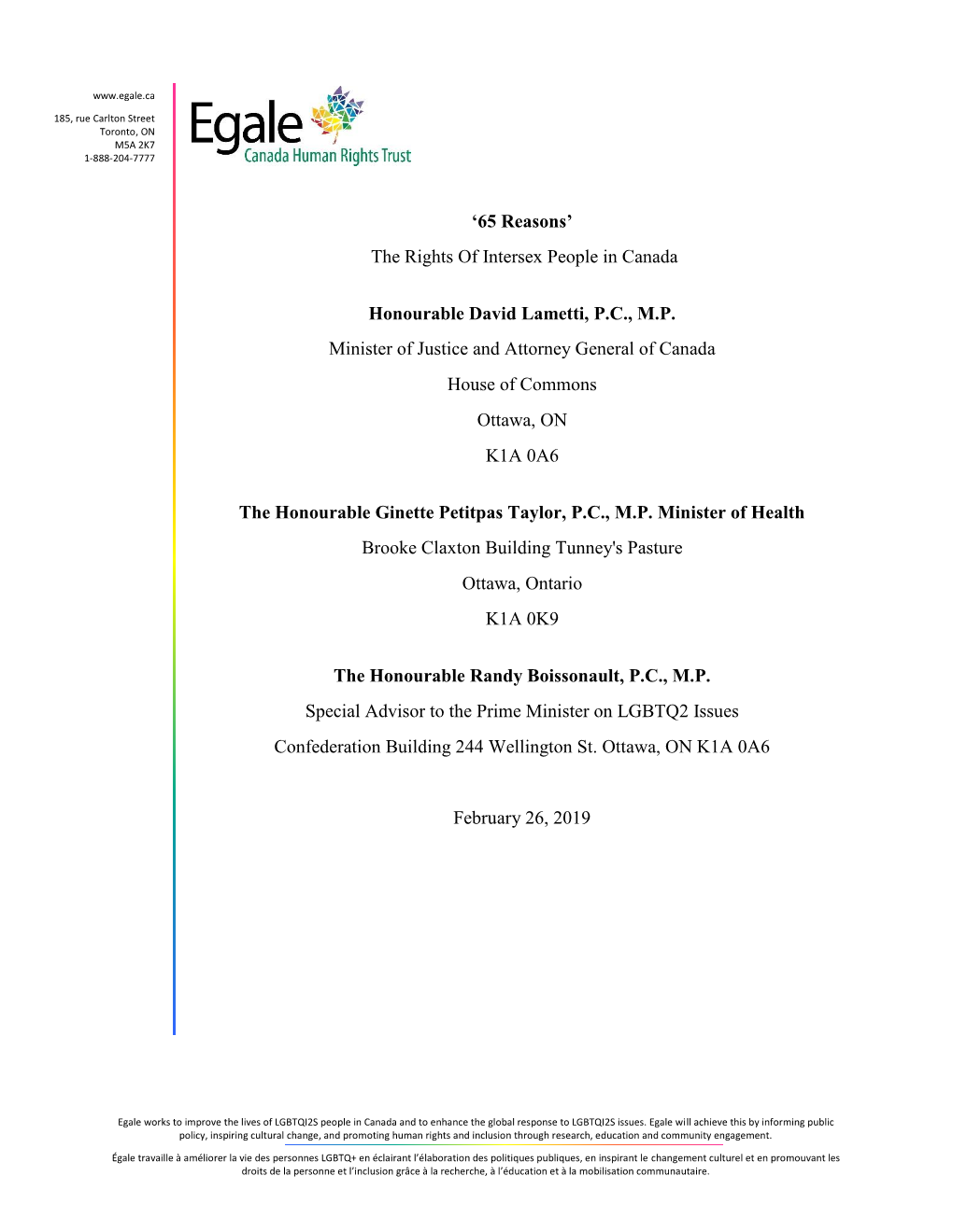 '65 Reasons' the Rights of Intersex People in Canada Honourable