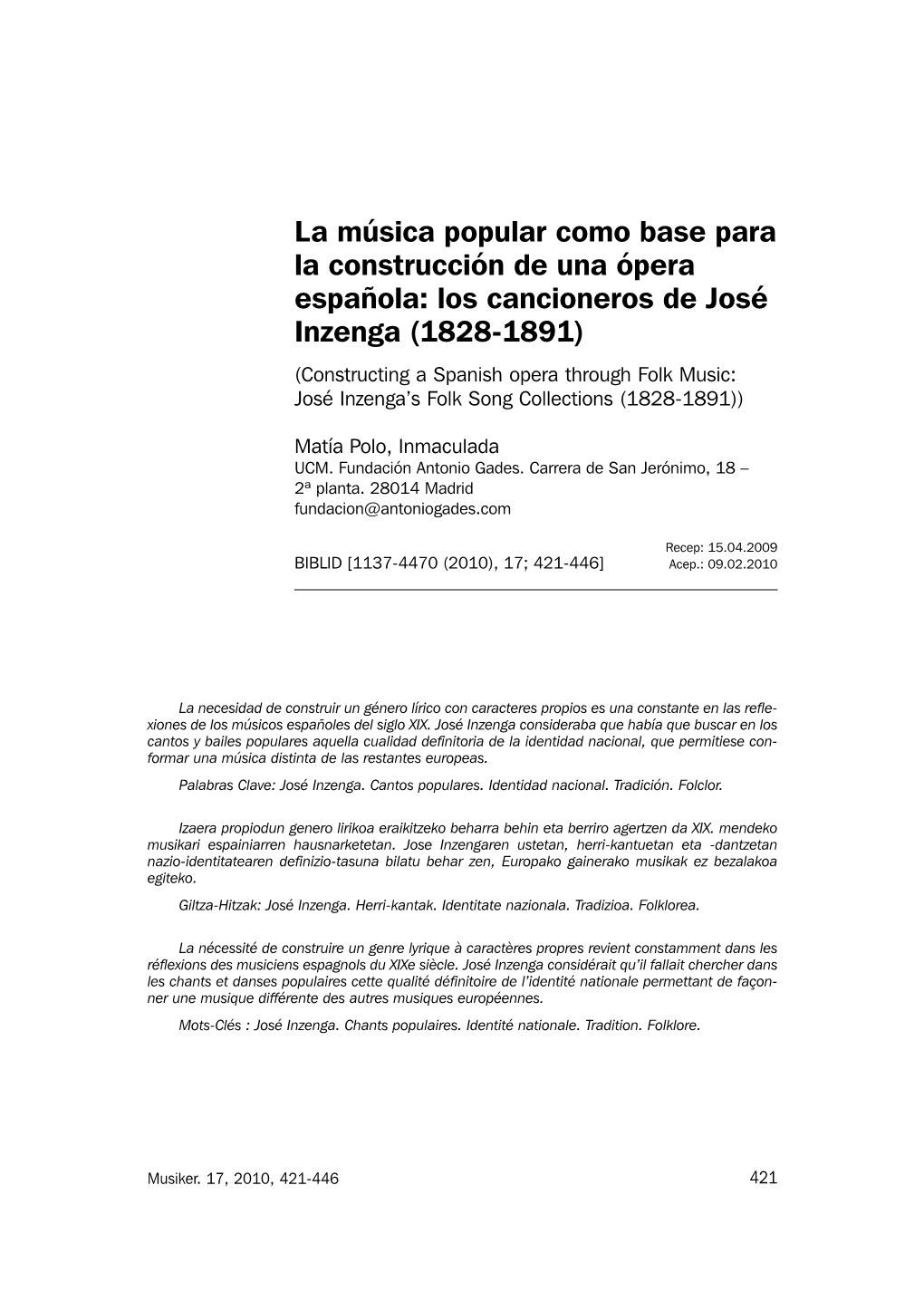 Los Cancioneros De José Inzenga (1828-1891) (Constructing a Spanish Opera Through Folk Music: José Inzenga’S Folk Song Collections (1828-1891))