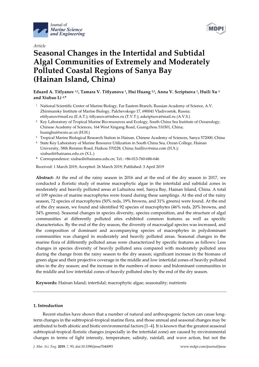 Seasonal Changes in the Intertidal and Subtidal Algal Communities of Extremely and Moderately Polluted Coastal Regions of Sanya Bay (Hainan Island, China)