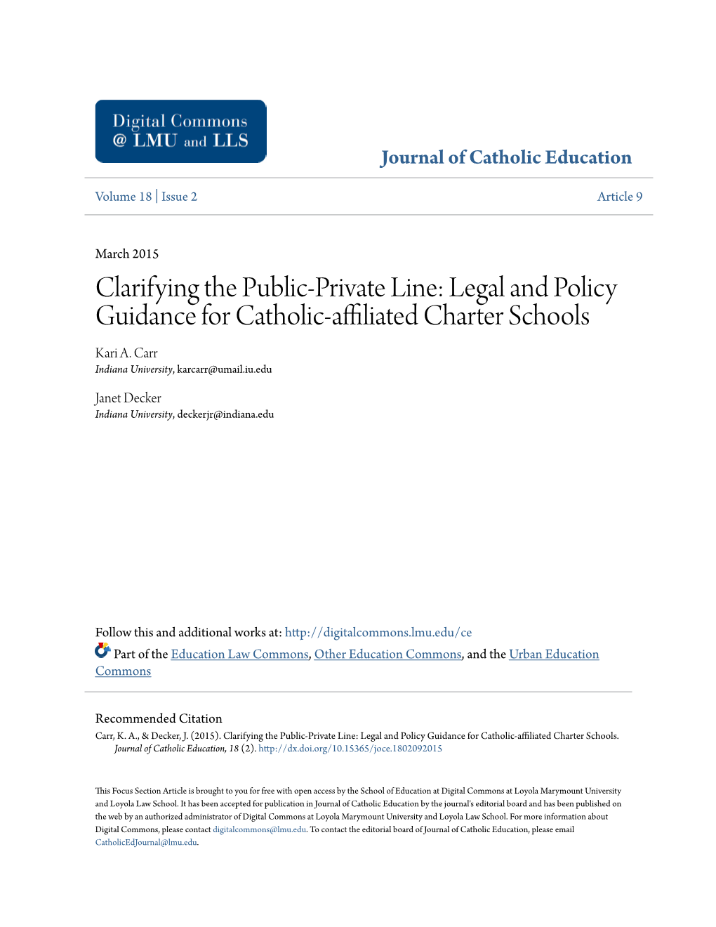 Legal and Policy Guidance for Catholic-Affiliated Charter Schools Kari A