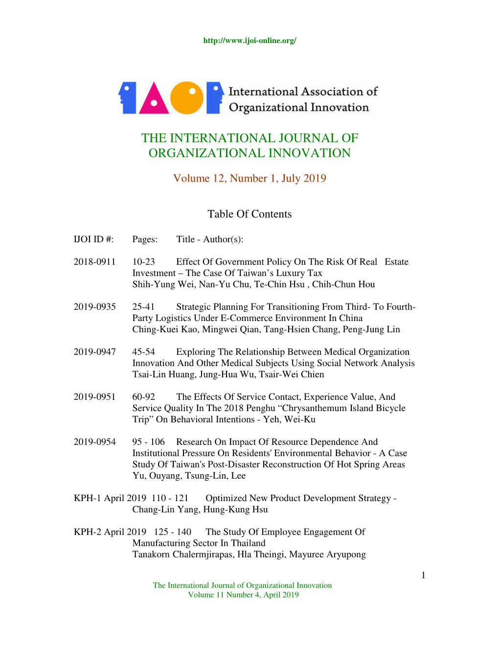 The International Journal of Organizational Innovation