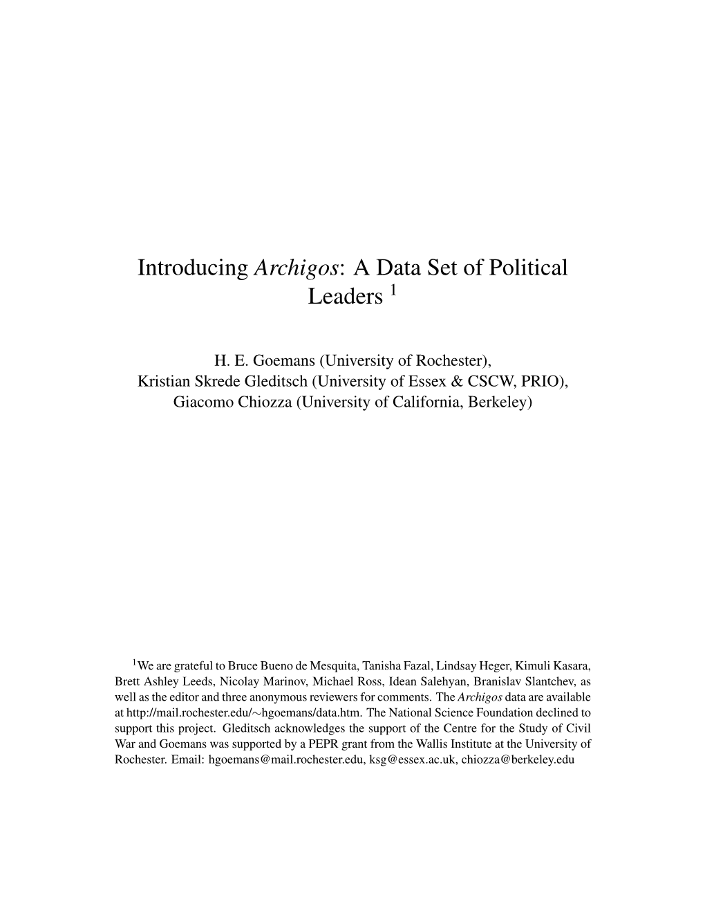 Introducing Archigos: a Data Set of Political Leaders 1