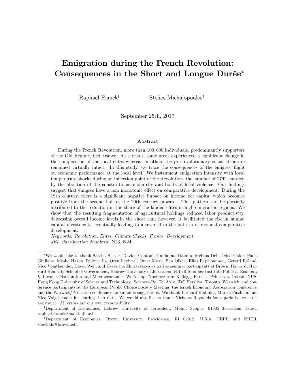 Emigration During the French Revolution: Consequences in the Short and Longue Durée