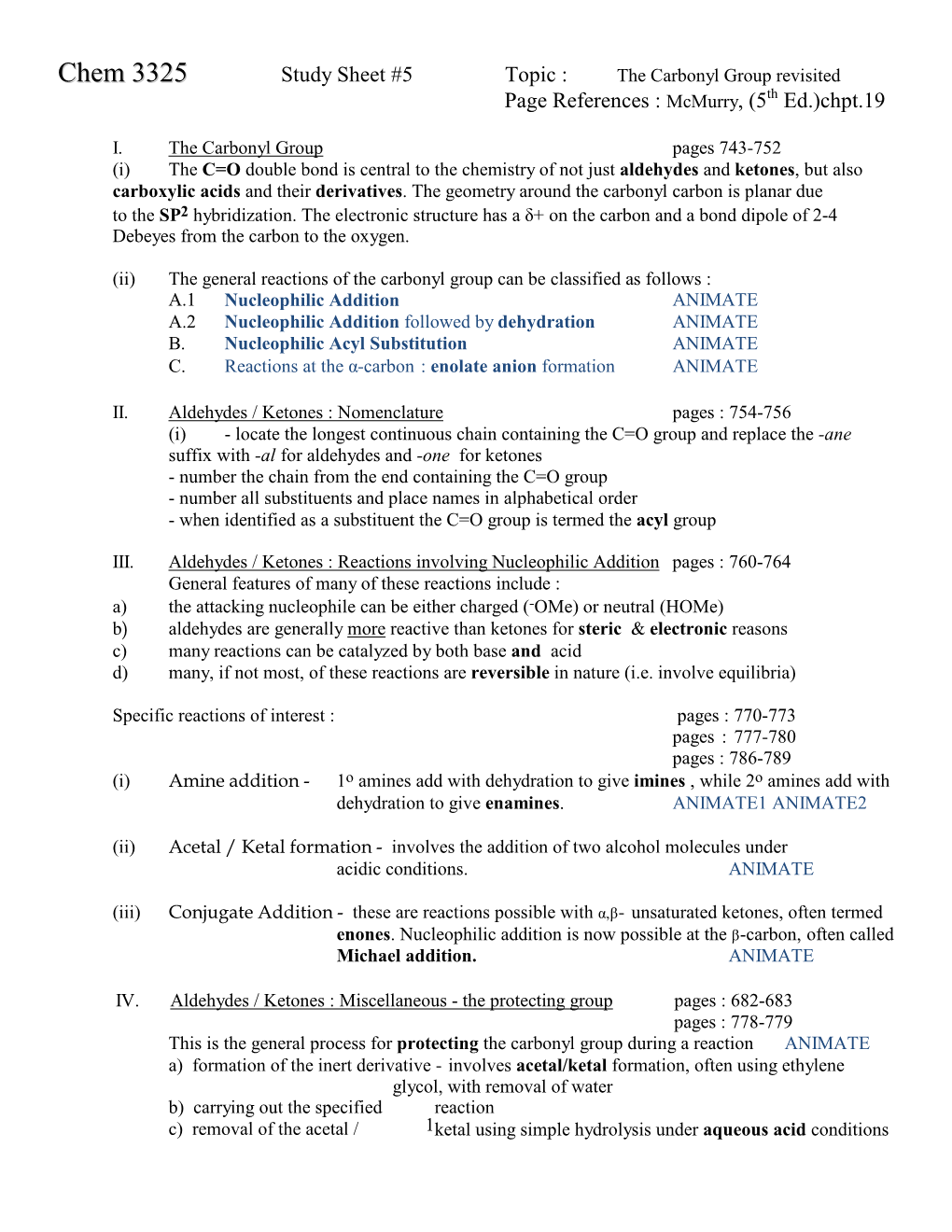 Carbonyl Group Revisited Page References : Mcmurry, (5Th Ed.)Chpt.19