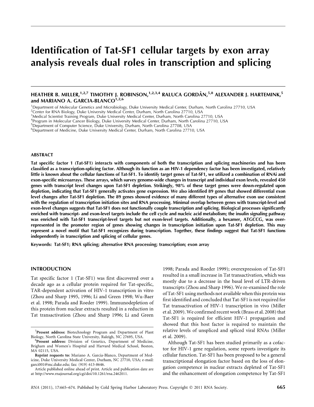 Identification of Tat-SF1 Cellular Targets by Exon Array Analysis Reveals Dual Roles in Transcription and Splicing