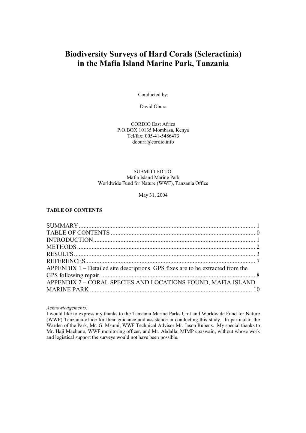 Biodiversity Surveys of Hard Corals (Scleractinia) Mafia Island Marine Park, Tanzania