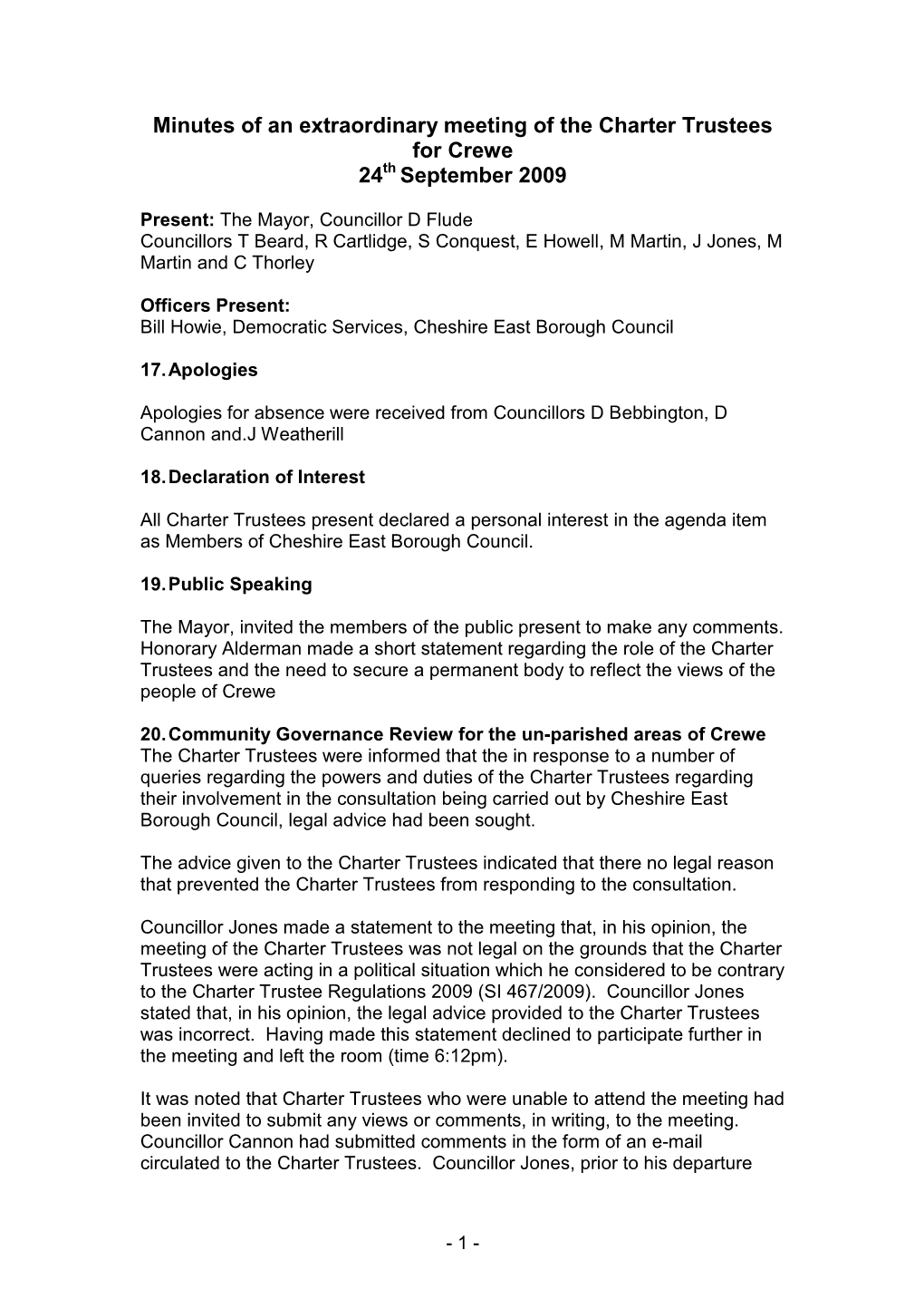 Minutes of an Extraordinary Meeting of the Charter Trustees for Crewe 24 Th September 2009