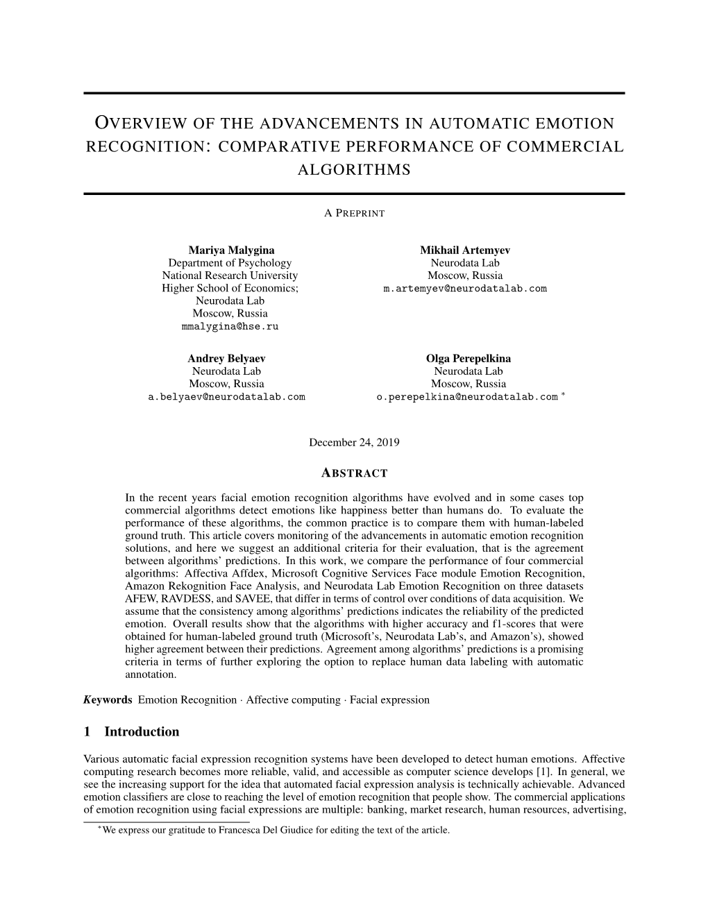 Overview of the Advancements in Automatic Emotion Recognition: Comparative Performance of Commercial Algorithms