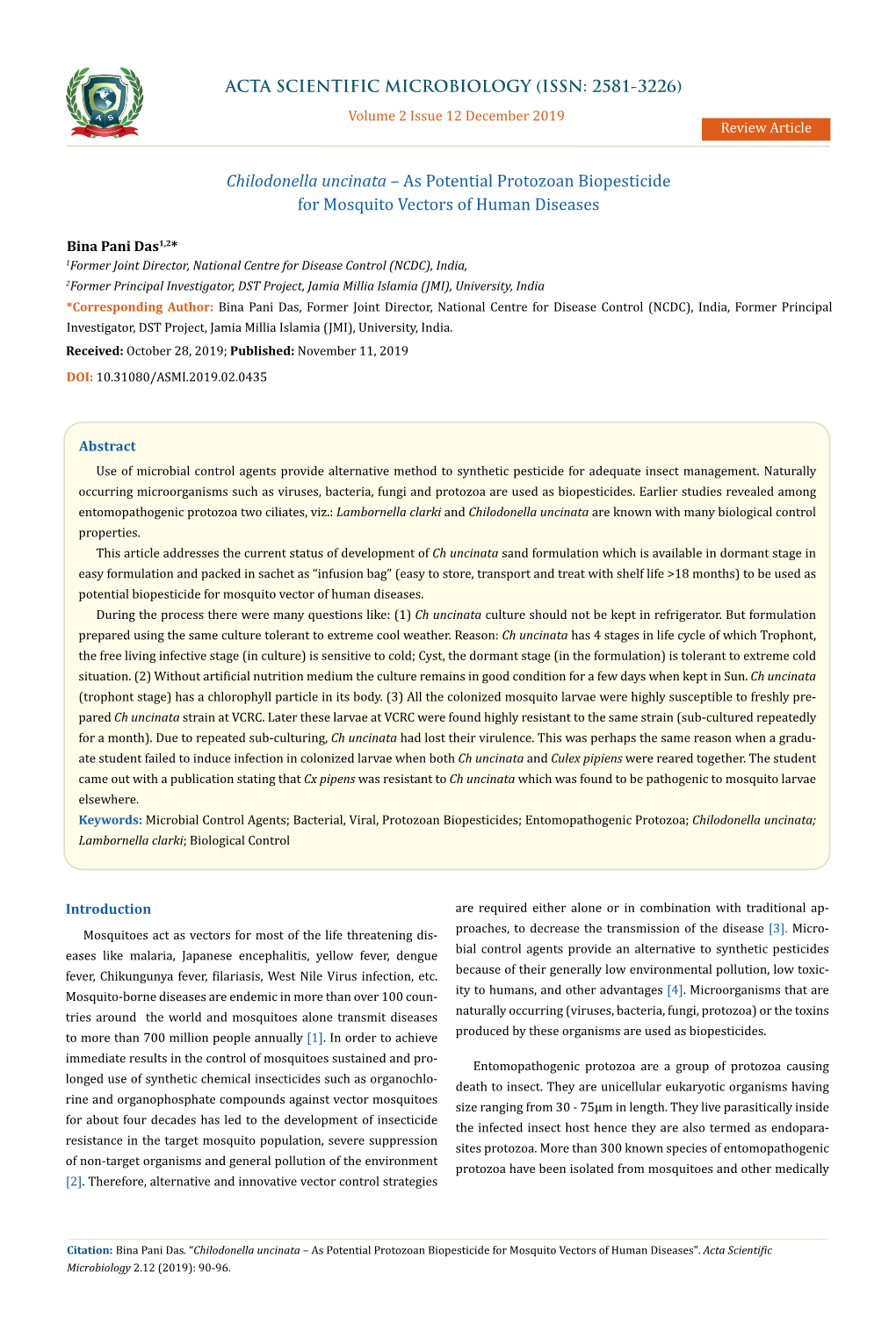 Chilodonella Uncinata – As Potential Protozoan Biopesticide for Mosquito Vectors of Human Diseases