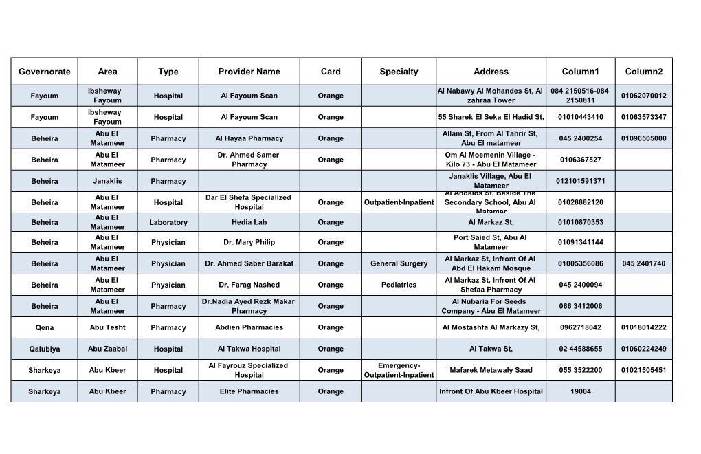 Governorate Area Type Provider Name Card Specialty Address Column1 Column2