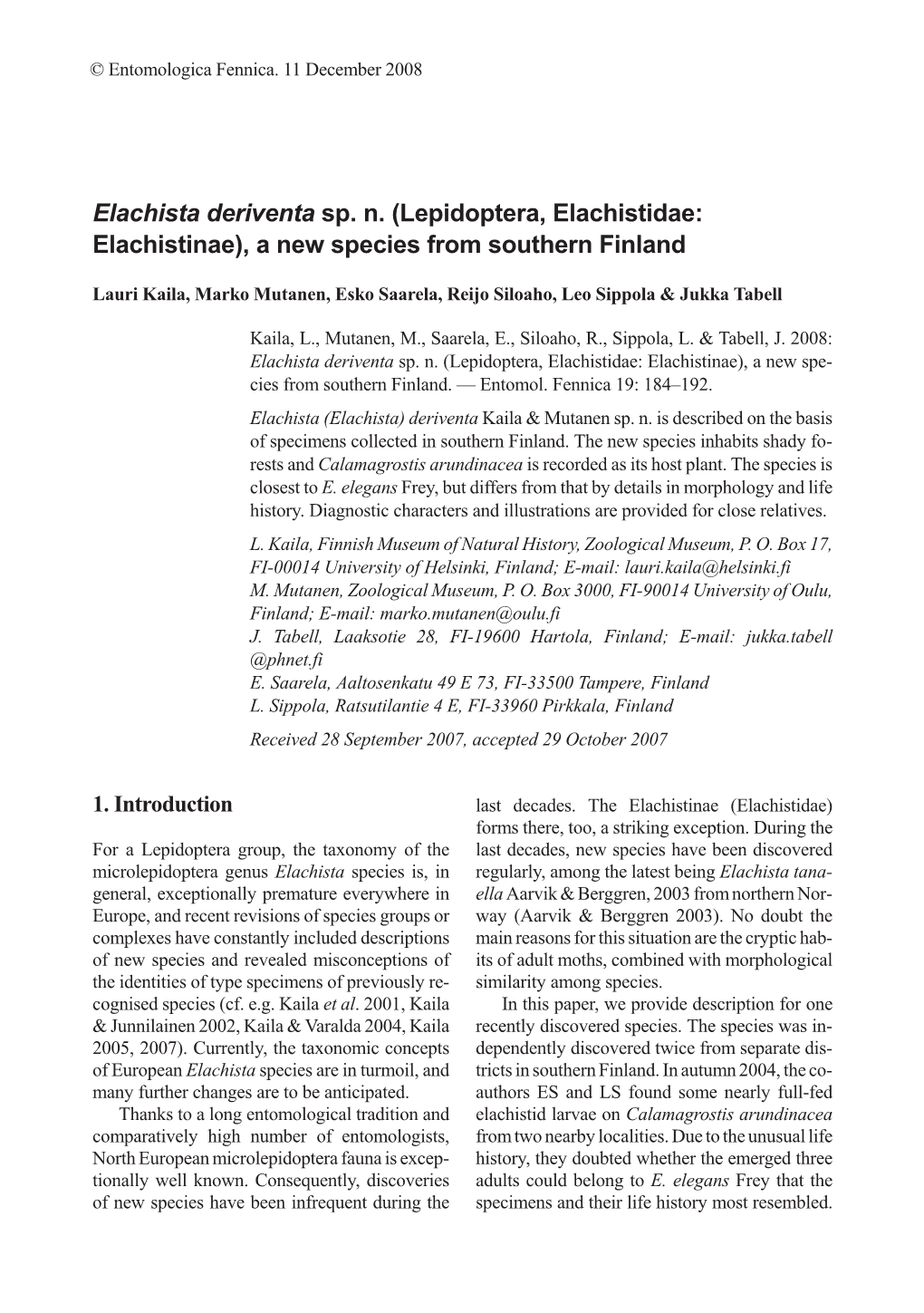 Elachista Deriventa Sp. N. (Lepidoptera, Elachistidae: Elachistinae), a New Species from Southern Finland