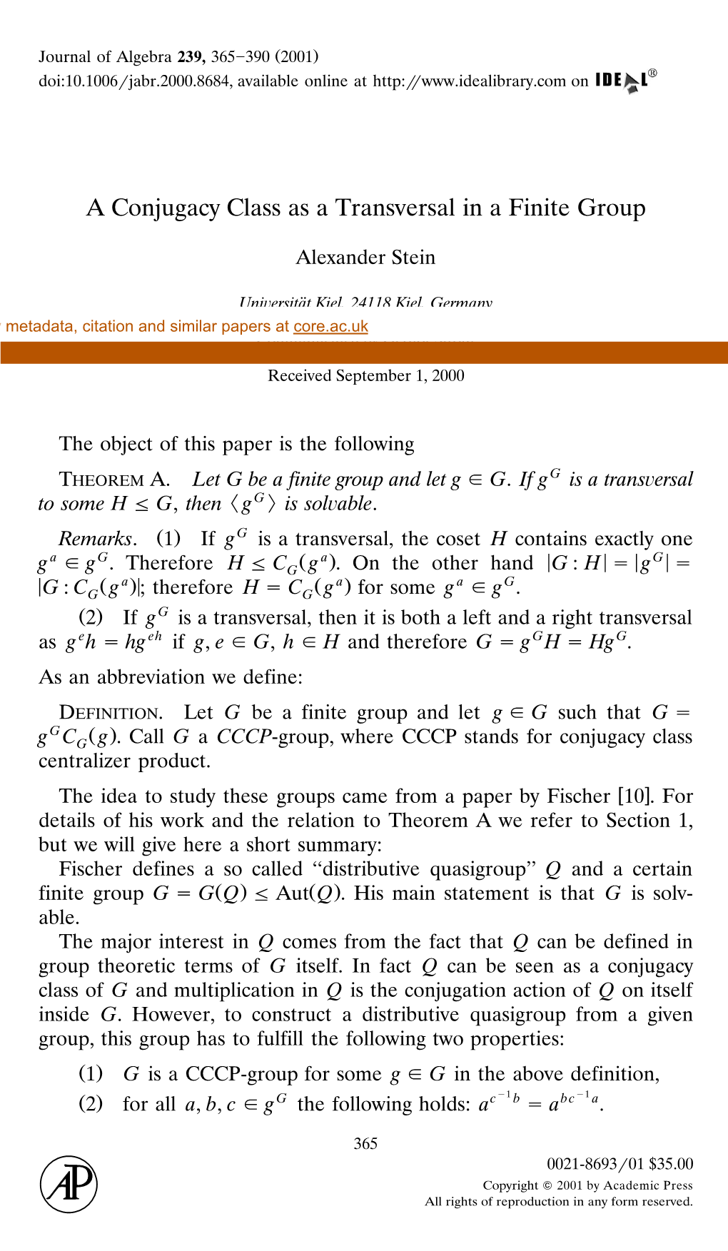 Conjugacy Class As a Transversal in a Finite Group