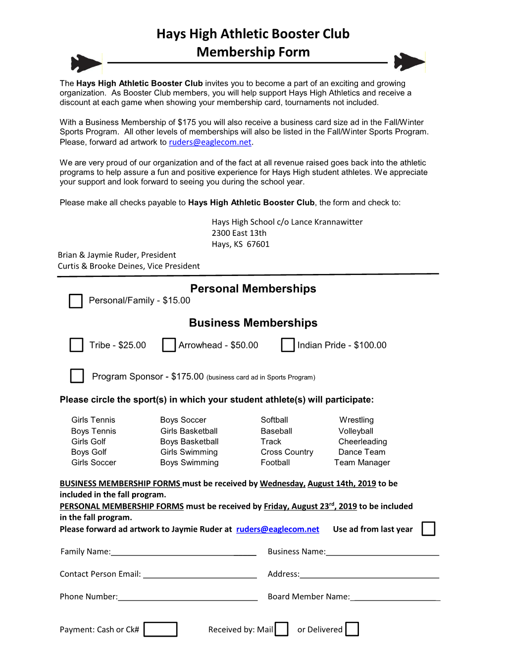 Hays High Athletic Booster Club Membership Form