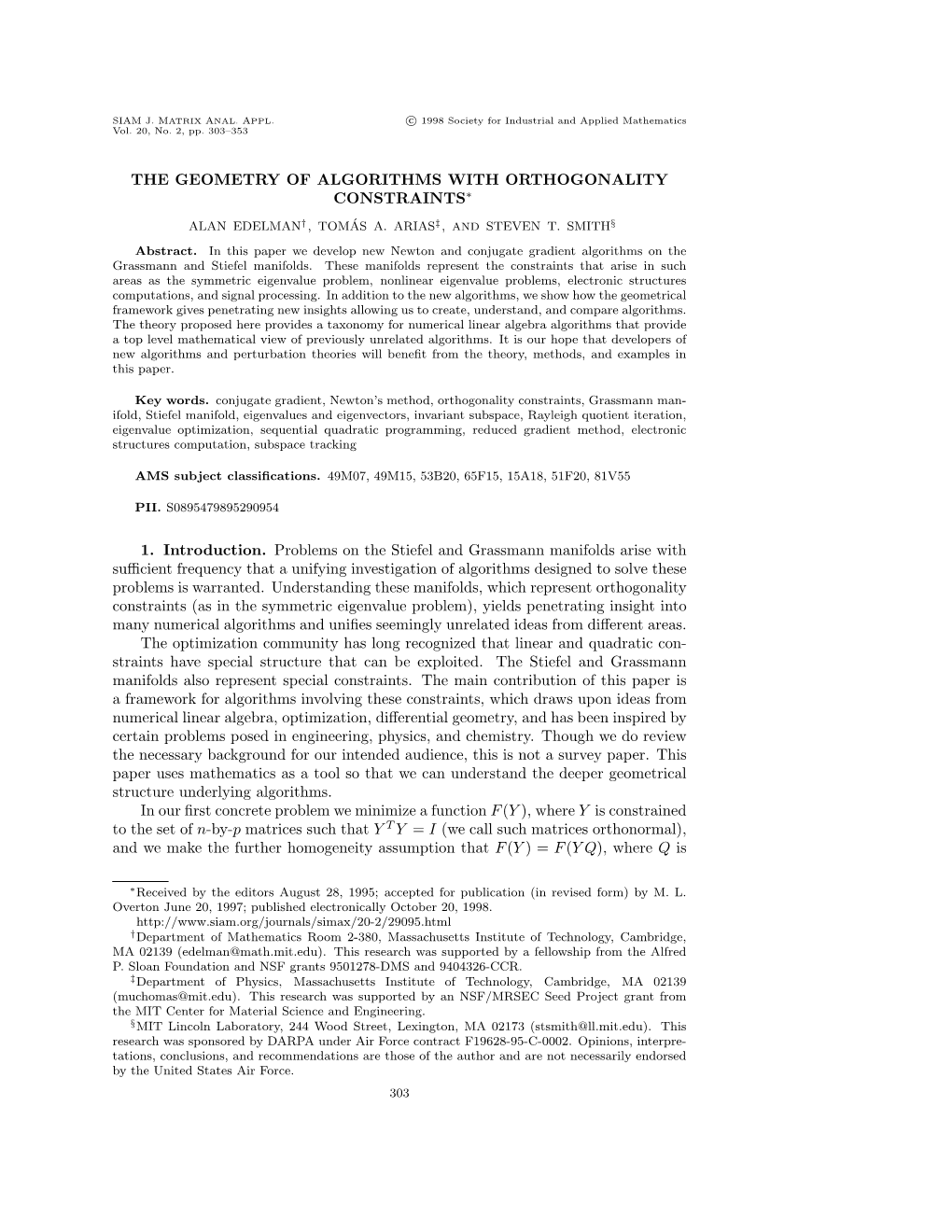 The Geometry of Algorithms with Orthogonality Constraints∗